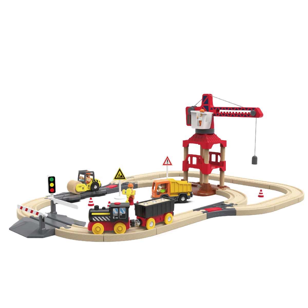 Trenino in Legno - Cantiere con Gru – 58 Pezzi